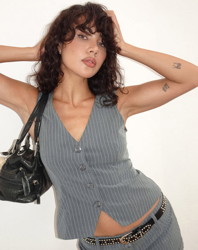 Image of Luno Button Front Vest Top in Pinstripe Grey