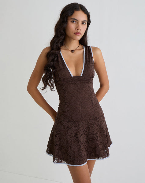 Image of Luscian Mini Dress in Lace Chocolate with Blue Binding