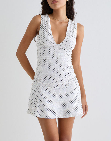 Image of Luscian Plunge Mini Dress in White with Micro Polka Black