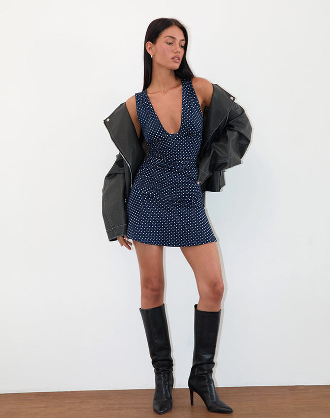 Image of Luscian Plunge Mini Dress in Micro Polka Navy