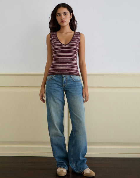 Image of Lycia Plunge Top in Glitter Knit Striped Purple