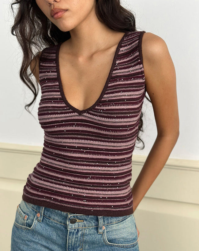 Image of Lycia Plunge Top in Glitter Knit Striped Purple