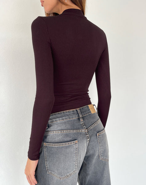 Image of Mabel High-Neck Long Sleeve Ribbed Top in Oxblood