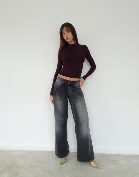 Image of Mabel High-Neck Long Sleeve Ribbed Top in Oxblood