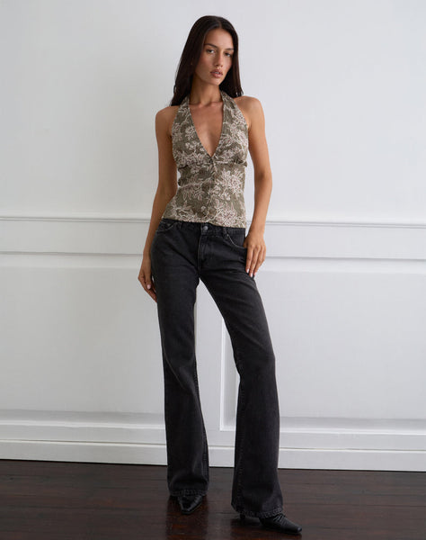 Image of Mabli Halterneck Top in Textured Woven Floral Green