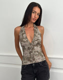 Image of Mabli Halterneck Top in Textured Woven Floral Green