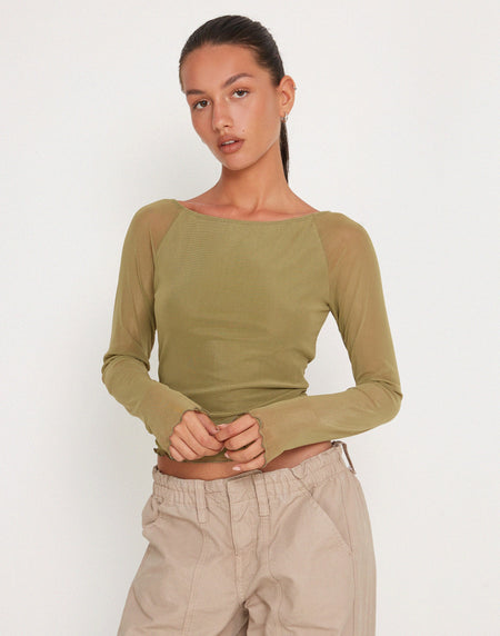 Kareena Long Sleeve Bardot Top in Abstract Botanic Dark Olive