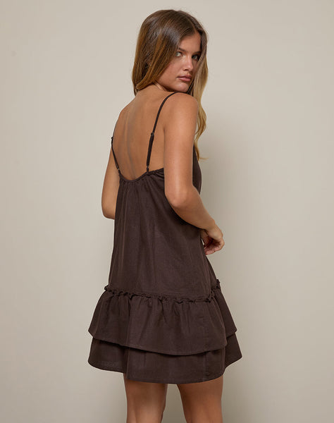 Image of Mailina Linen Button Up Mini Dress in Chocolate Brown