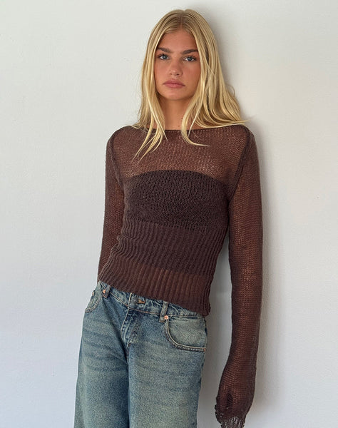 Image of Manon Long Sleeve Sheer Knit Top in Chocolate Brown