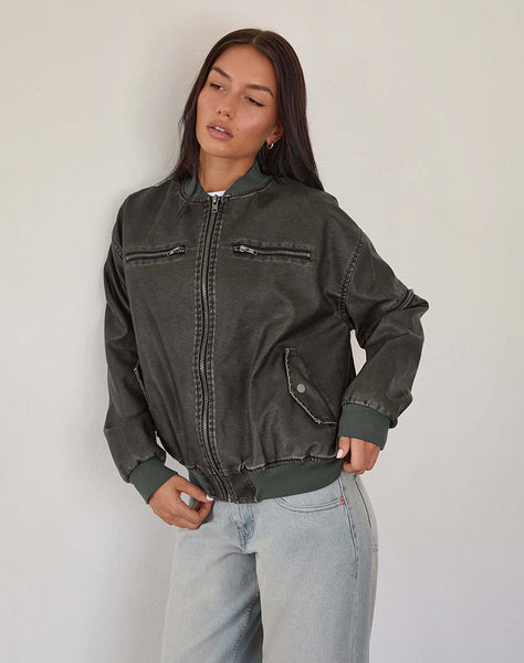 Image of Marco Distressed Bomber Jacket in PU Charcoal