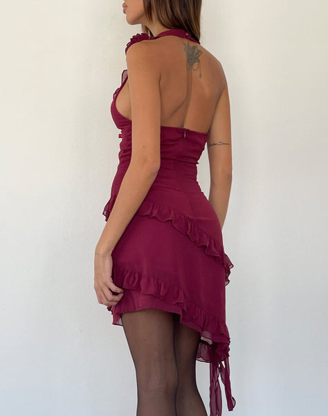 Image of Margaret Ruffle Mini Dress in Plum Chiffon with Rosette