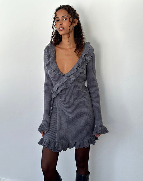 Image of Marianna Long Sleeve Knitted Mini Dress in Dark Grey