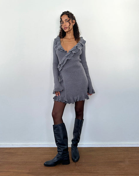 Image of Marianna Long Sleeve Knitted Mini Dress in Dark Grey