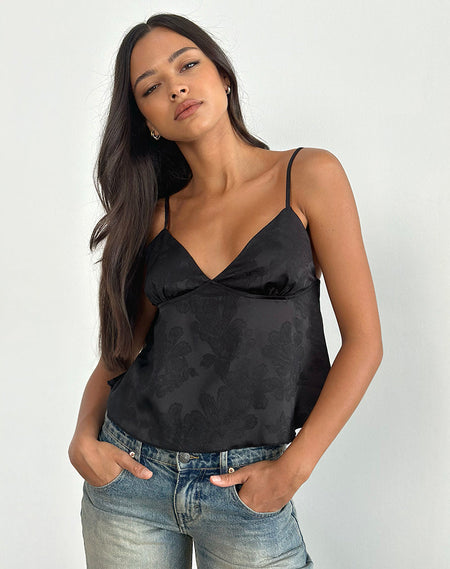 Milova Cami Top in Black with Lace Frill Trim