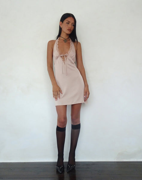 Image of Maruko Halterneck Mini Dress in Satin Champagne