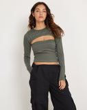 Image of Matea Long Sleeve Crop Top in Duck Green with Yellow Top Stitch