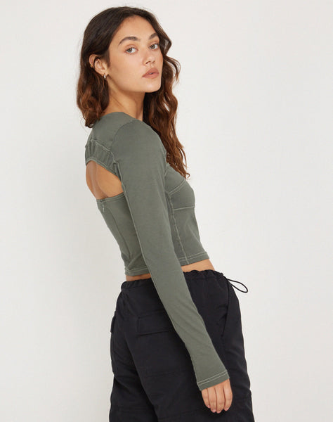 Image of Matea Long Sleeve Crop Top in Duck Green with Yellow Top Stitch