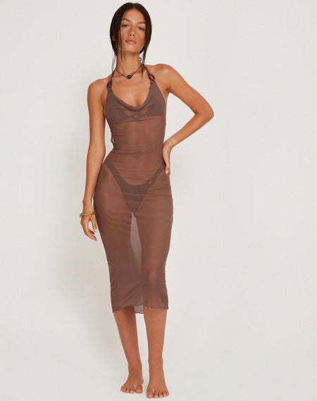 Ruebelle Halterneck Asymmetric Midi Dress in Mocca