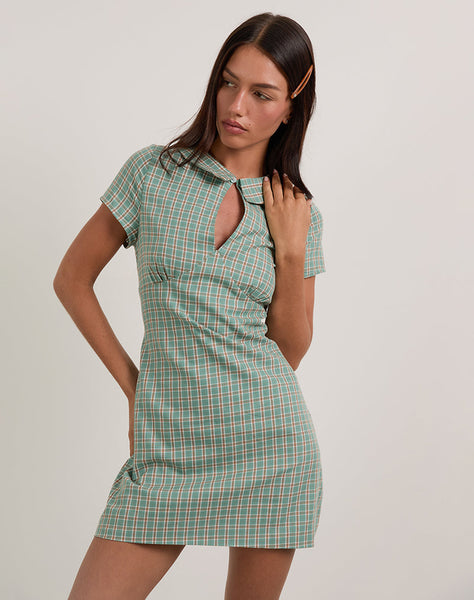 Image of Medora Keyhole Mini Dress in Teal Check