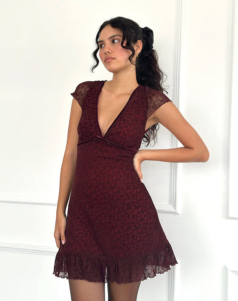 Image of Melva Mini Dress in Ditsy Flock Burnt Maroon