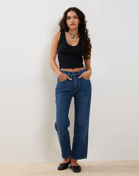 Image of Mid Rise Straight Leg Jeans in Mid Blue Used Denim