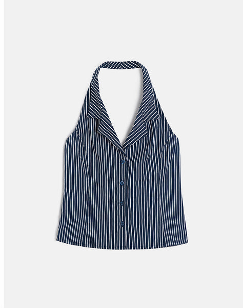 Image of Mikanu Halterneck Blouse in Pinstripe Navy