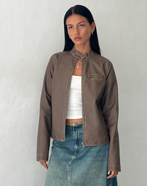 Image of Mildred Distressed Biker Jacket in PU Olive