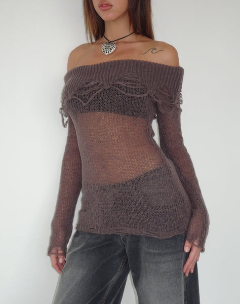 Image of Milena Distress Knit Long Sleeve Bardot Top in Maroon