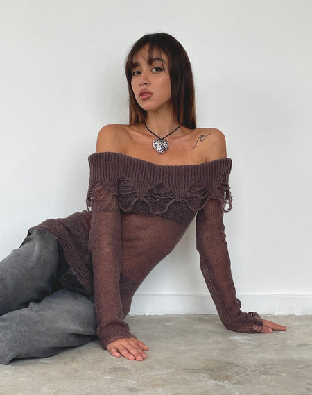 Addison Long Sleeve Sheer Knit Top in Dark Chocolate