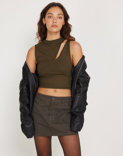 Image of Min Vest Cutout Detail Crop Top in Olive with Black Top Stitch