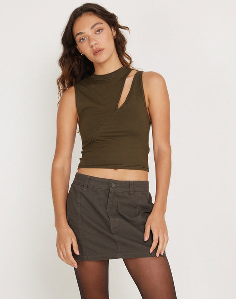 Image of Min Vest Cutout Detail Crop Top in Olive with Black Top Stitch