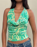 Image of Minova Cowl Neck Top in Floral Flock Green and Blue