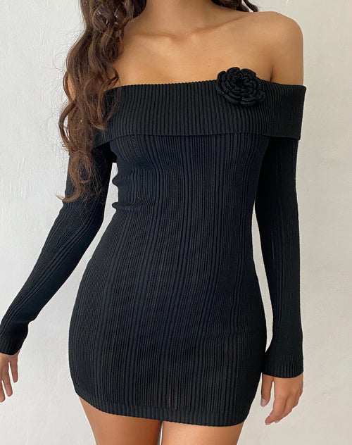 Image of Mirabel Knitted Bardot Mini Dress in Black with Rosette