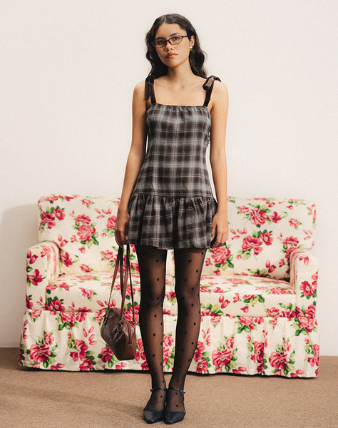 Image of Miyori Square Neck Mini Dress in Grey Check