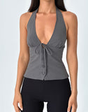 Image of Miyuki Tie Front Halterneck Top in Charcoal Grey