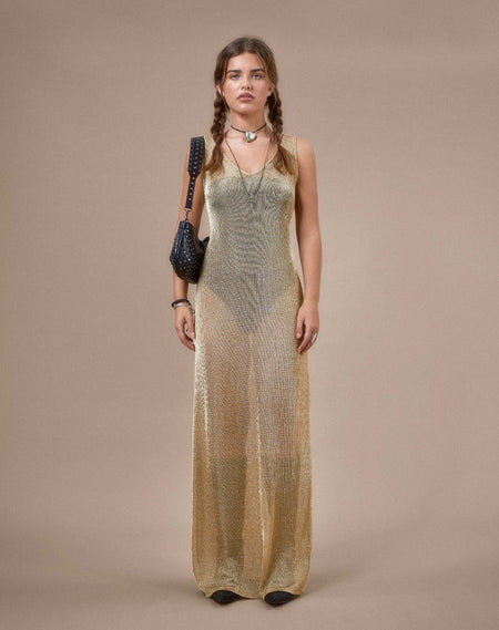 Lavinia Long Sleeve Maxi Dress in Silver Chain