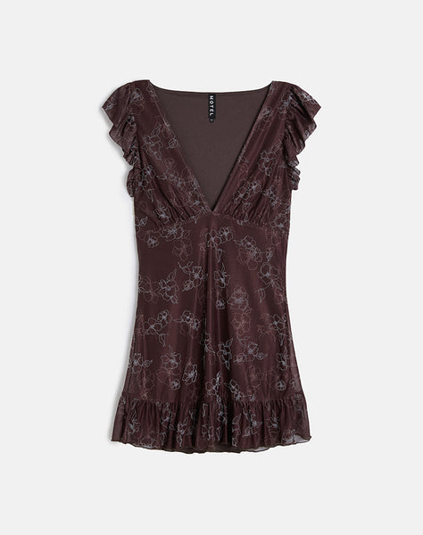 Image of Motarika Mini Dress in Doodle Flower Flock Brown