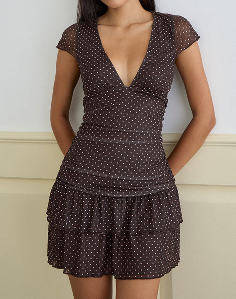 Image of  Mowgli Cap Sleeve Mini Dress in Brown with Micro Polka Pink Print