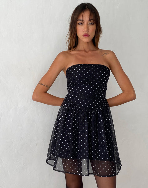 Image of Murni Bandeau Mini Dress in Polka Black Chiffon