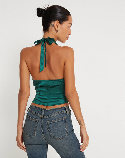 image of Mutsuki Halterneck Top in Satin Forest Green