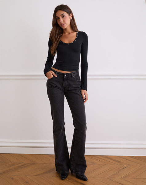 Image of Myoga Studded Scoop Long Sleeve Top in Black