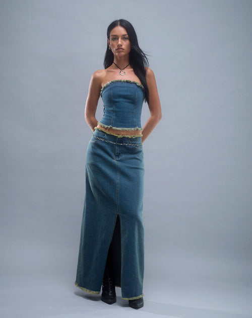 Image of Zaenap Frayed Denim Maxi Skirt in Brown Blue Acid