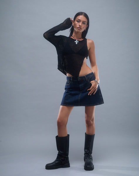 Image of Nung Open Knit Asymmetric Top in Black