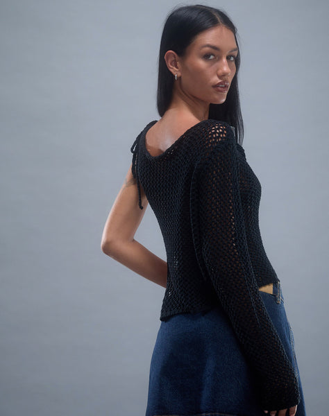 Image of Nung Open Knit Asymmetric Top in Black