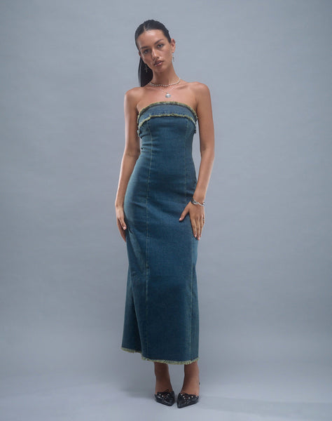 Image of Atun Denim Bandeau Maxi Dress in Brown Blue Acid Wash