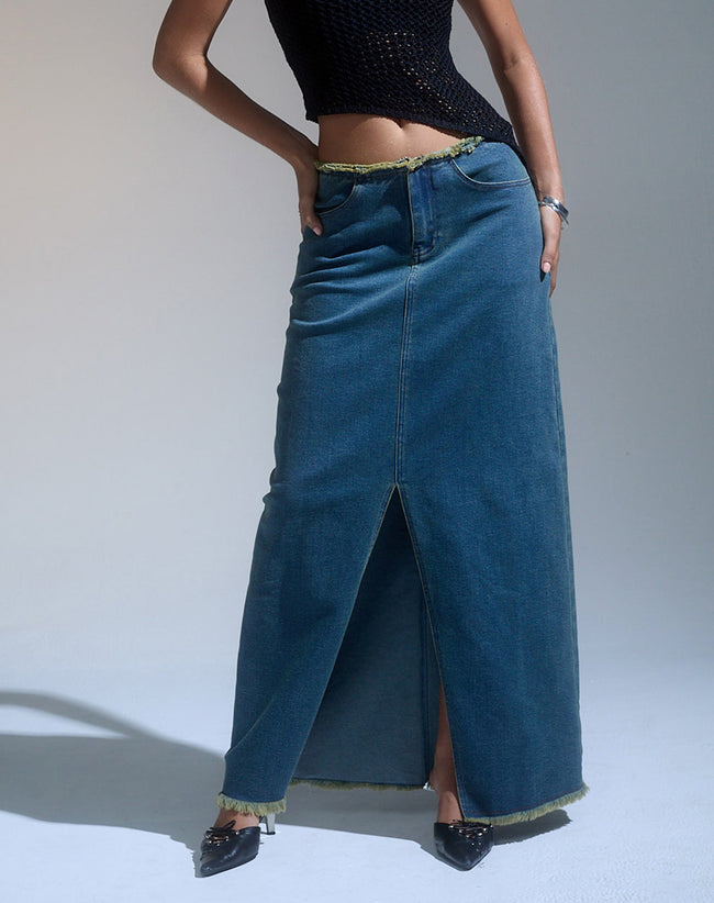 Image of Zaenap Frayed Denim Maxi Skirt in Brown Blue Acid