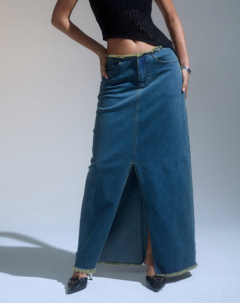 Image of Zaenap Frayed Denim Maxi Skirt in Brown Blue Acid