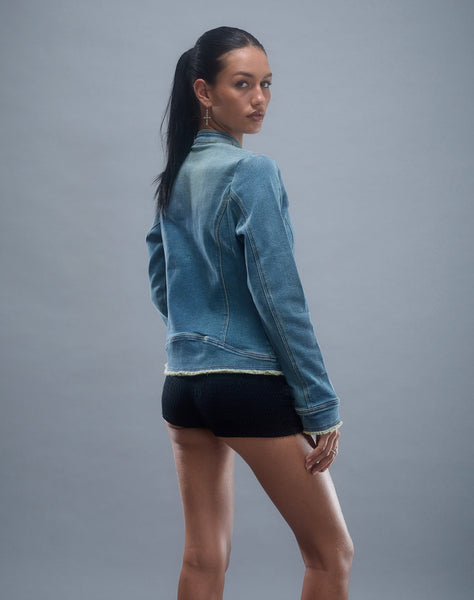 Image OF Zayn Fitted Biker Jacket in Vintage Blue Denim