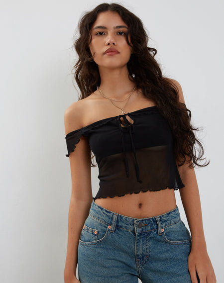 Brenda Knitted Bardot Top in Black with Rosette