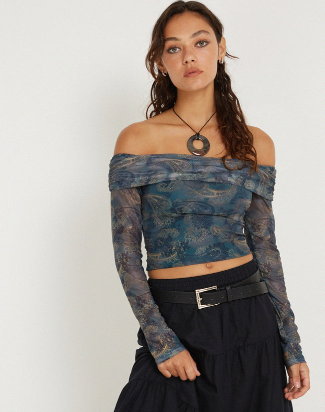 IMAGE OF Nagini Long Sleeve bardot Top in Blue Paisley